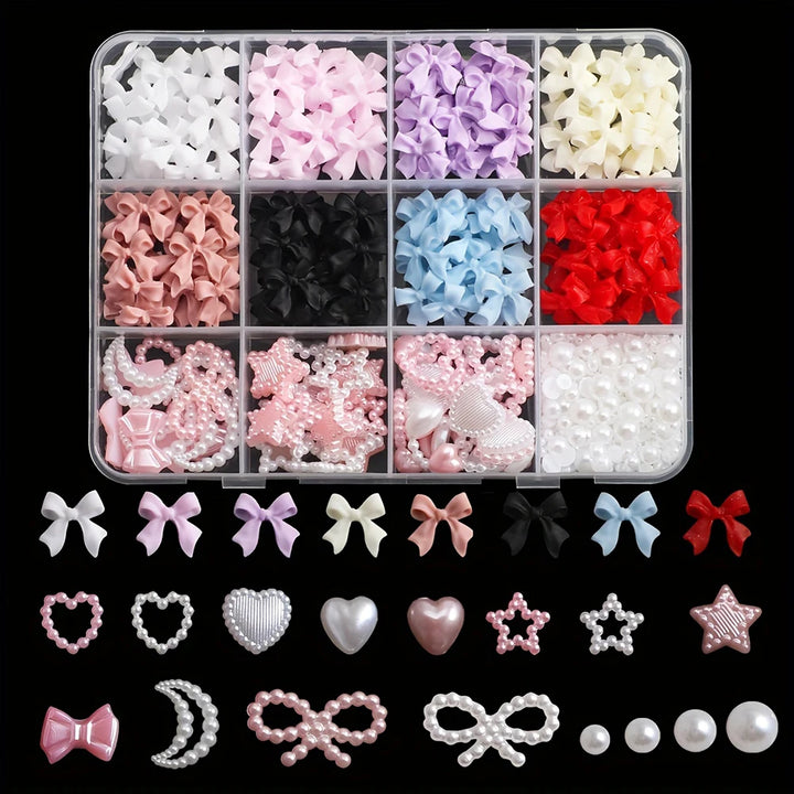 500PCS 3D Nail Art Decoration Kit with Resin Bows, Flat Back Pearls, and Assorted Shapes – Unscented DIY Craft Embellishments