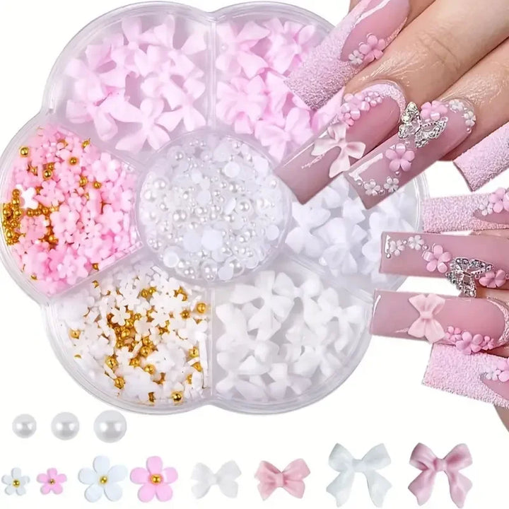 500PCS 3D Nail Art Decoration Kit with Resin Bows, Flat Back Pearls, and Assorted Shapes – Unscented DIY Craft Embellishments