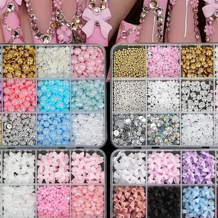 500PCS 3D Nail Art Decoration Kit with Resin Bows, Flat Back Pearls, and Assorted Shapes – Unscented DIY Craft Embellishments