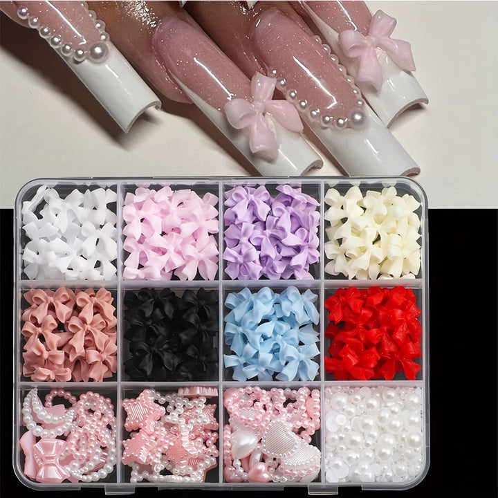 500PCS 3D Nail Art Decoration Kit with Resin Bows, Flat Back Pearls, and Assorted Shapes – Unscented DIY Craft Embellishments